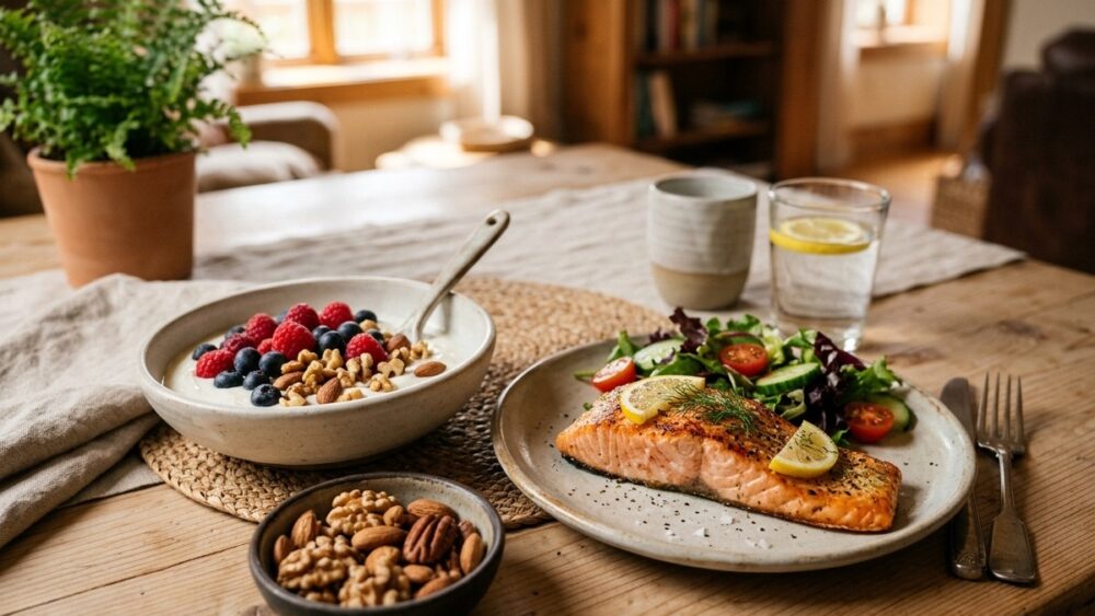 Yogur, frutos rojos, pescado azul y frutos secos sobre superficie clara, alimentos para el eje intestino-cerebro
