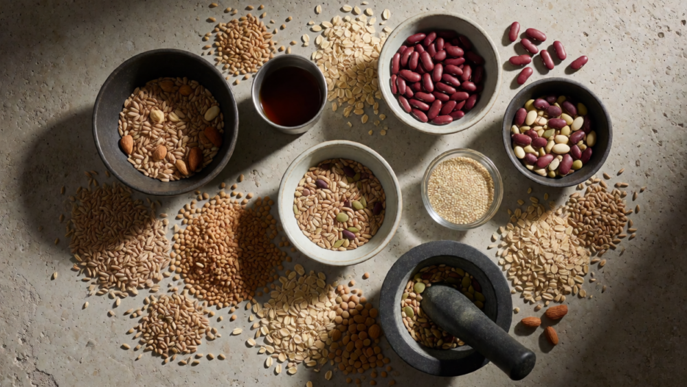 Cuencos con legumbres, frutos secos, semillas y cereales integrales, fuentes de proteína y fibra