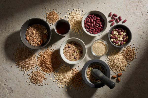 Cuencos con legumbres, frutos secos, semillas y cereales integrales, fuentes de proteína y fibra